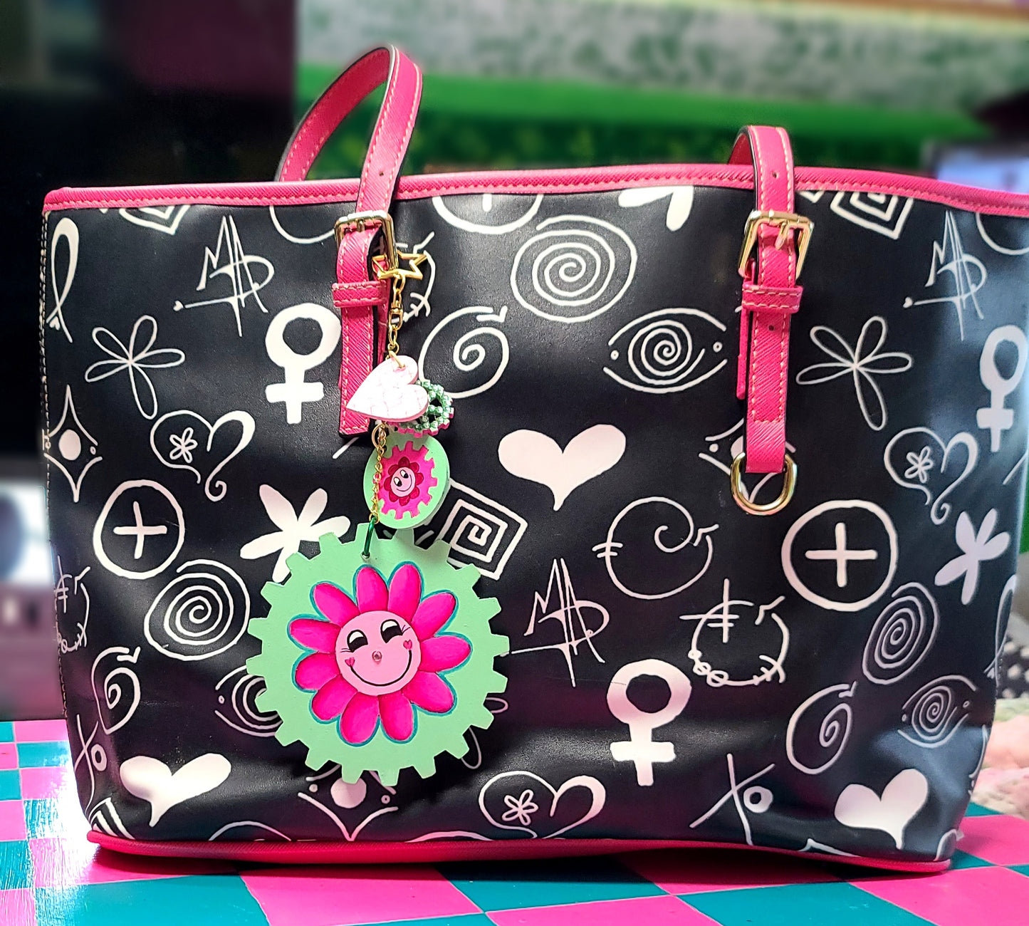 Handpainted Pink/Aqua GEAR Bag Charm Set
