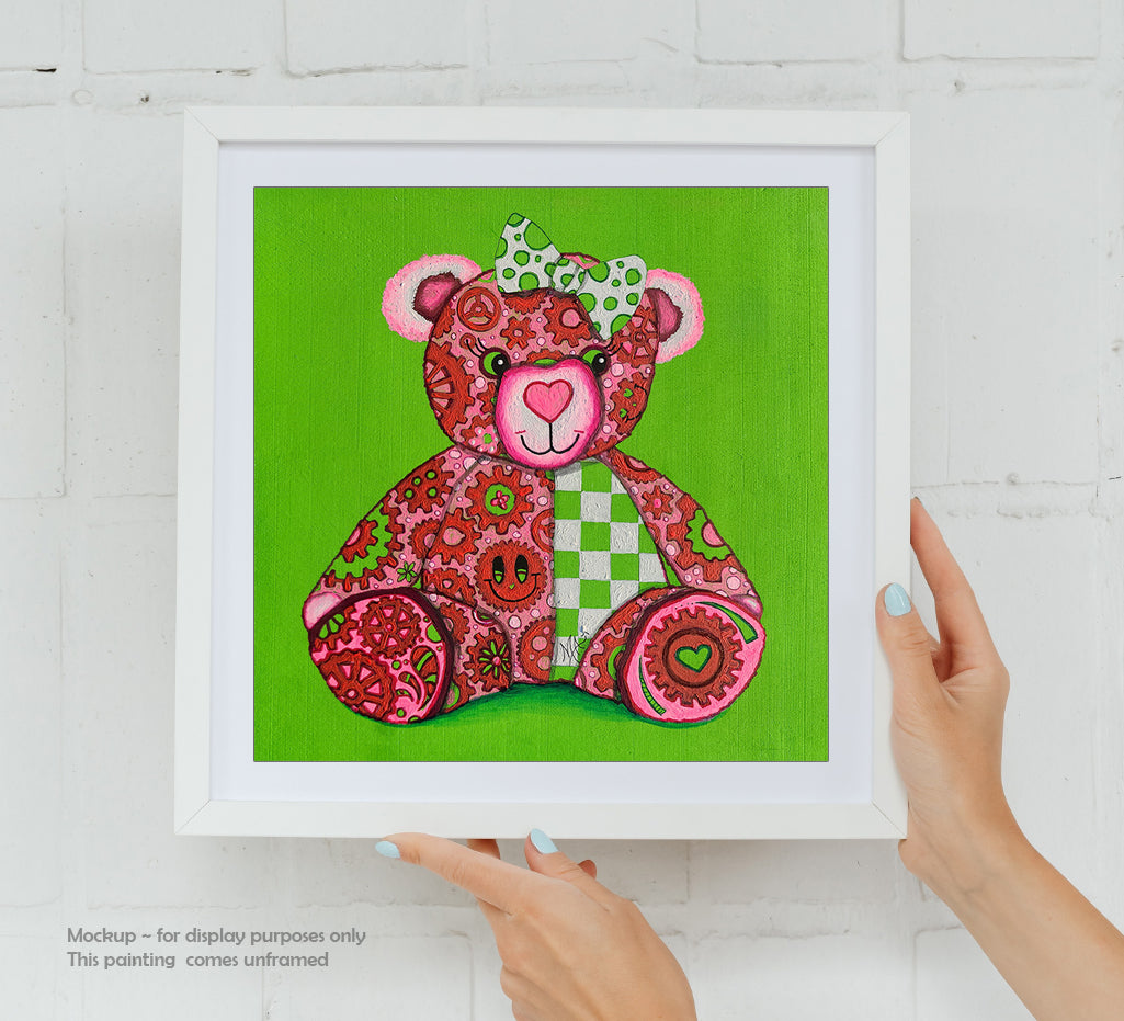 Meet "Lovey," the newest member of the GEAR BEAR family in the Doodle Gears collection! Lovey is a heartwarming bear painted in soft pinks, greens, & whites, covered in gears that turn together to symbolize love and hope. Just like the gears of life keep us moving forward, Lovey reminds us that love is the powerful force that makes the world go round.
Whether you're searching for a little extra love or want to spread joy, Lovey is here to inspire & uplift. Original Teddy Bear Nursery Pop Art Painting