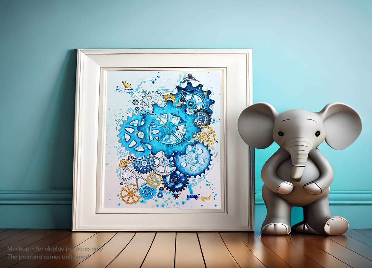 The changing hands of time original abstract doodle gears painting in blue and gold MeganAroon frame room mockup