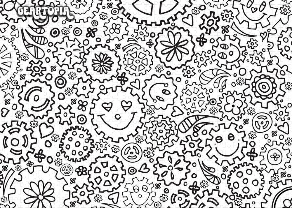 Black and White All Over Gear Pattern Smiley Faces Flowers of Geartopia by MeganAroon - Puzzle