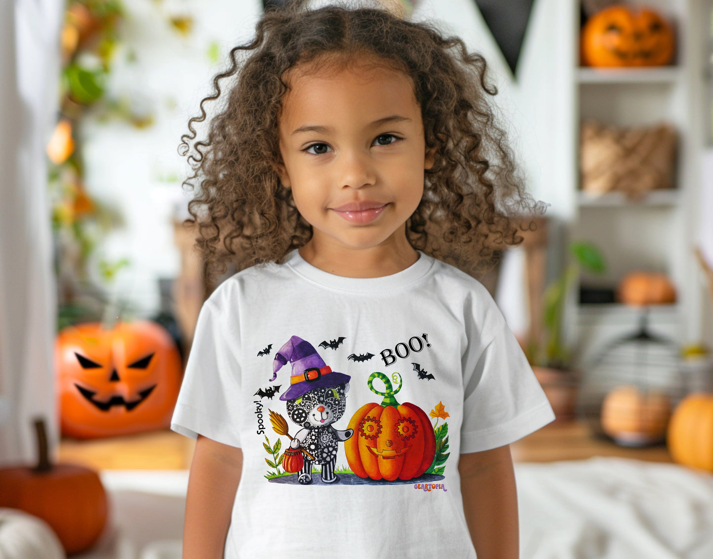 Toddler Halloween Pumpkin Witch T-Shirt, Cute Witchy STEM Shirt for Girls, Gears Trick or Treat Spooky Season Teddy Bear Tee for Her