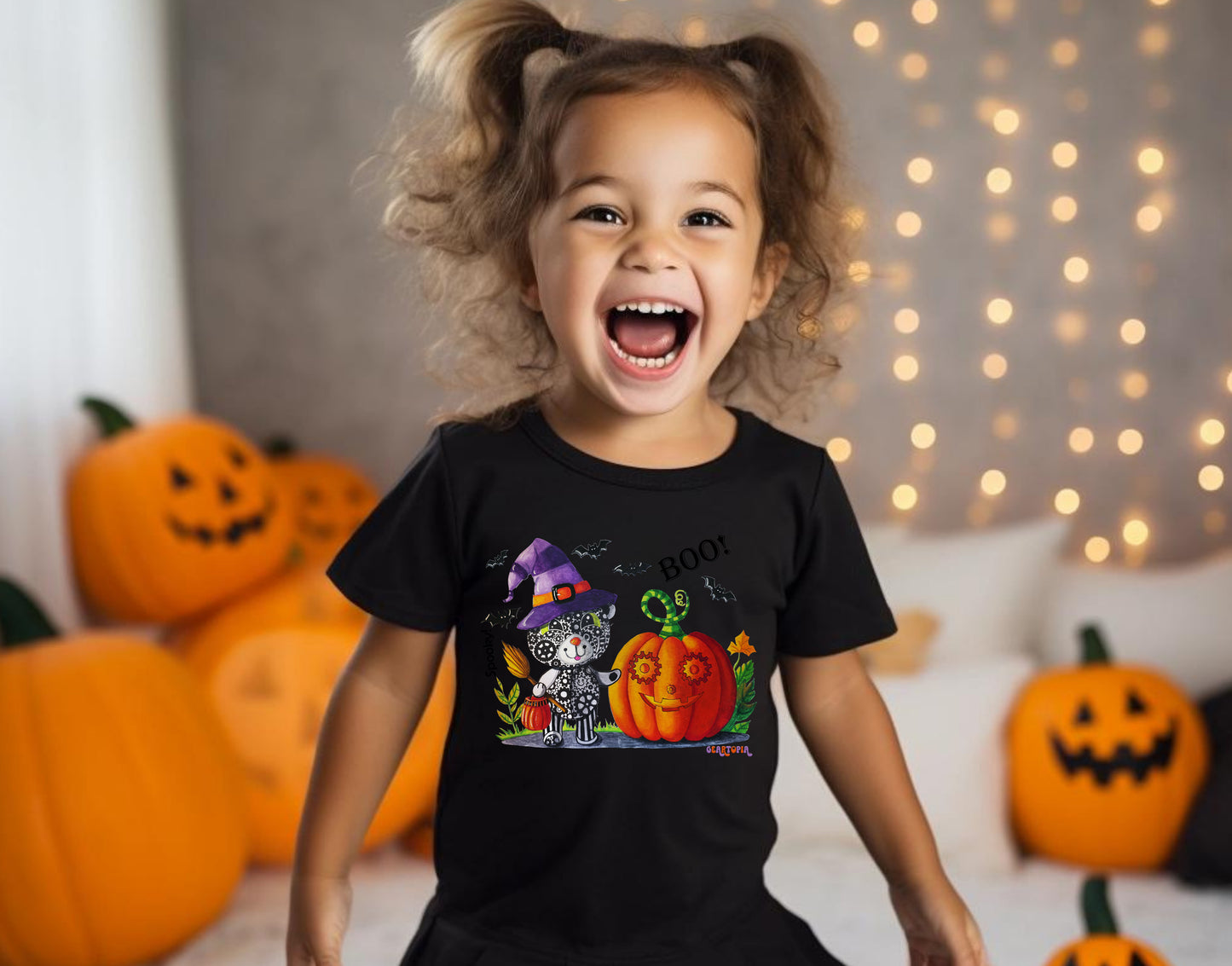 Toddler Halloween Pumpkin Witch T-Shirt, Cute Witchy STEM Shirt for Girls, Gears Trick or Treat Spooky Season Teddy Bear Tee for Her
