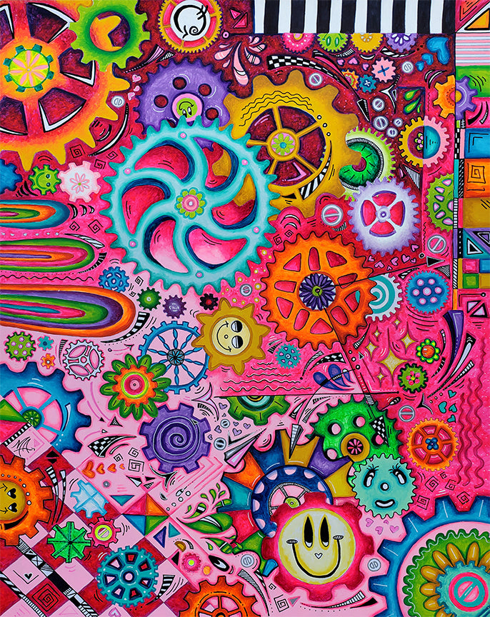 "A New Direction" Original Doodle Gears PoP Art Painting with vibrant bold colors and smiley face gears and floral gears by MeganAroon