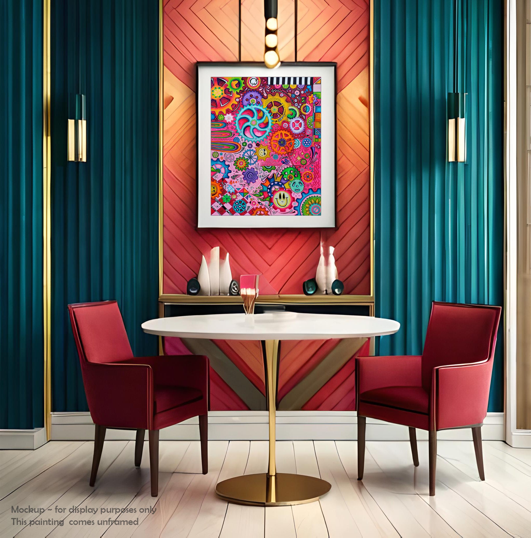 "A New Direction" Original Doodle Gears PoP Art Painting with vibrant bold colors and smiley face gears and floral gears by MeganAroon in a modern room setting and frame (mockup)