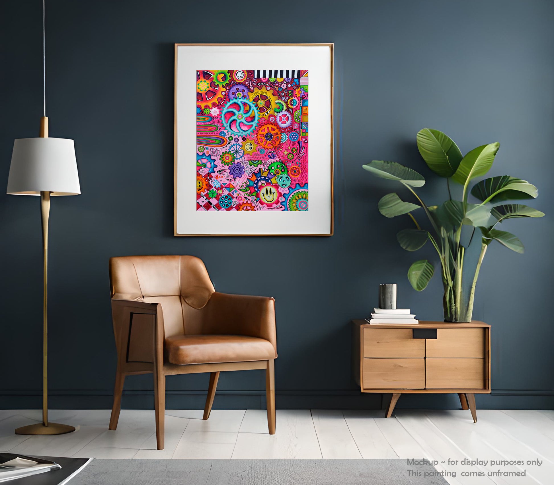 "A New Direction" Original Doodle Gears PoP Art Painting with vibrant bold colors and smiley face gears and floral gears by MeganAroon in a modern room setting and frame (mockup)