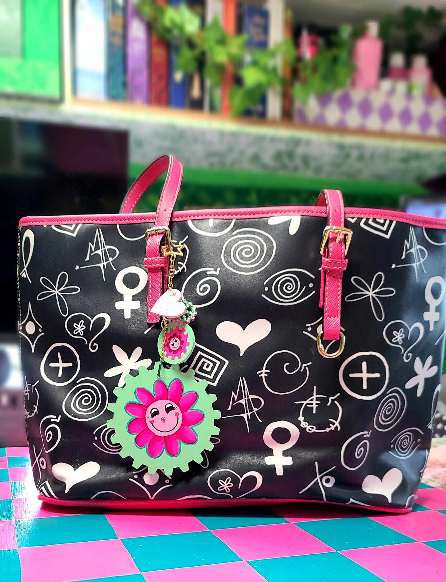 Handpainted Pink/Aqua GEAR Bag Charm Set
