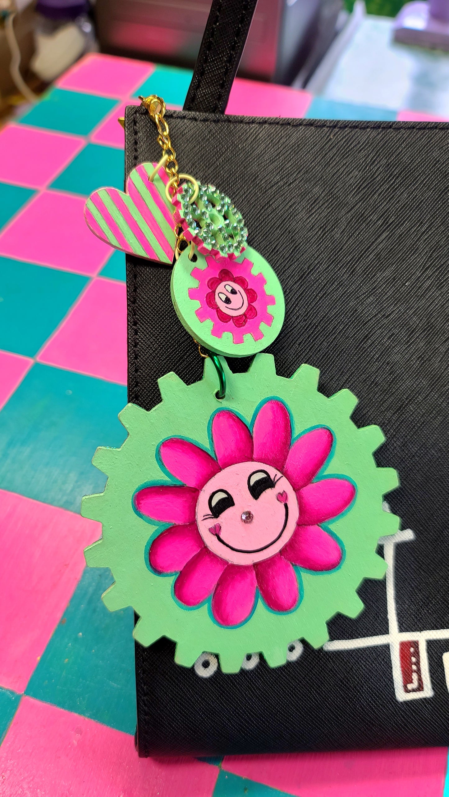 Handpainted Pink/Aqua GEAR Bag Charm Set
