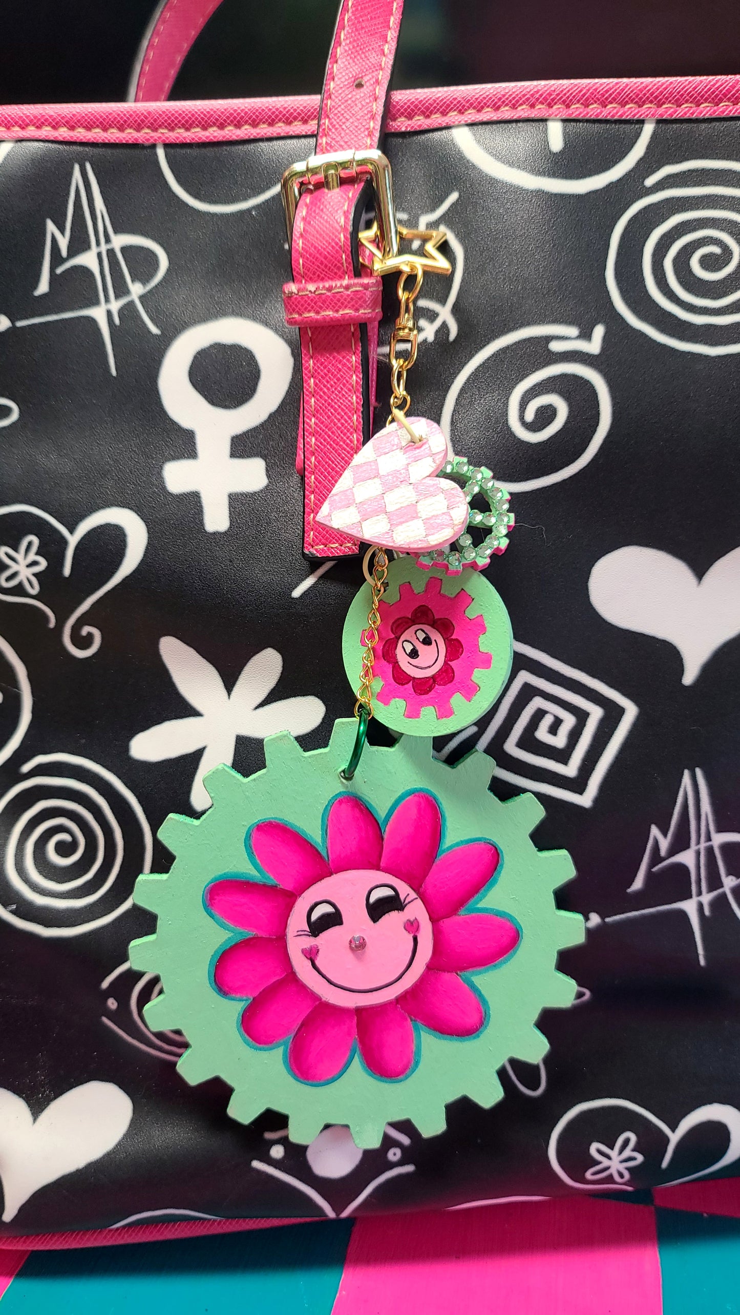 Handpainted Pink/Aqua GEAR Bag Charm Set