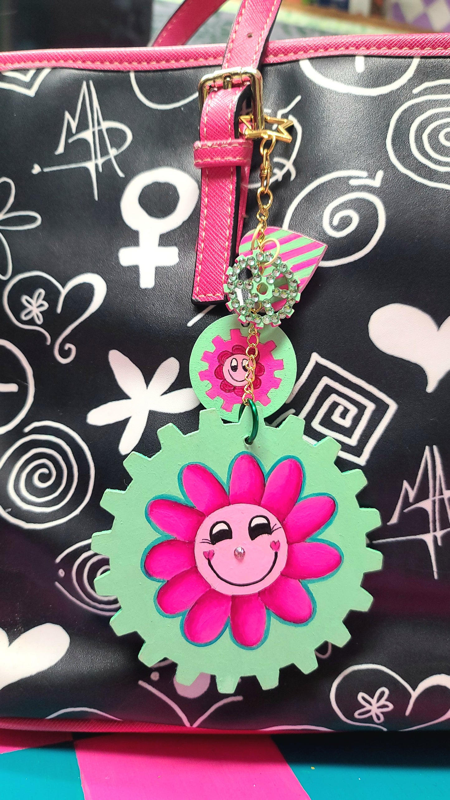 Handpainted Pink/Aqua GEAR Bag Charm Set