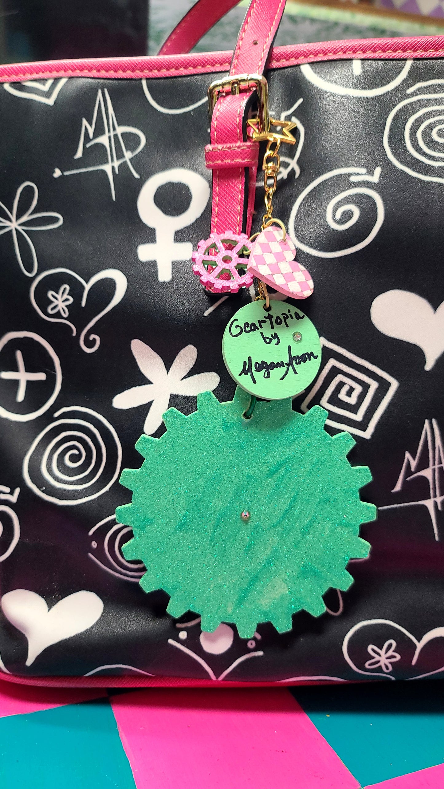 Handpainted Pink/Aqua GEAR Bag Charm Set