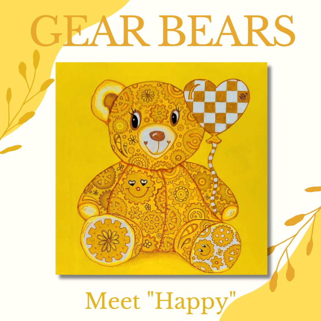 "Happy" Original Geartopia GEAR BEAR Doodle Gears Painting