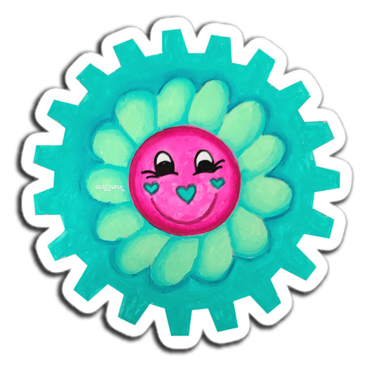 Geartopia Iconic Aqua Pink Smiley Face Flower Gear Sticker
