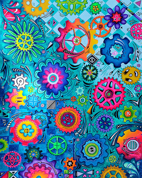 Discover the vibrant world of "The Center of the universe," a captivating piece from the Doodle Gears Pop Art collection. This work of art bursts with rich, vibrant colors, featuring a mesmerizing array of gears in all shapes and sizes, perfect to brighten up a child's room and create curiosity and foster the imagination! Among these gears, you'll find whimsical smiley faces and floral designs that add a touch of joy and playfulness to any child's room or nursery.