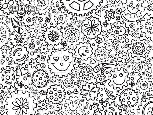 Black and White All Over Gear Pattern Smiley Faces Flowers of Geartopia by MeganAroon - Puzzle