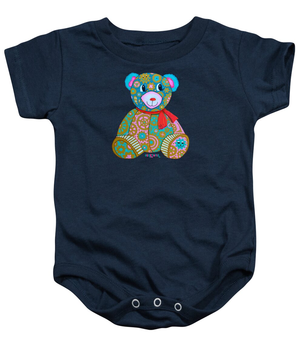 Geartopia GEAR BEAR Candy Original Handpainted PoP Art Teddy Bear Painting Kids Art by MeganAroon - Baby Onesie