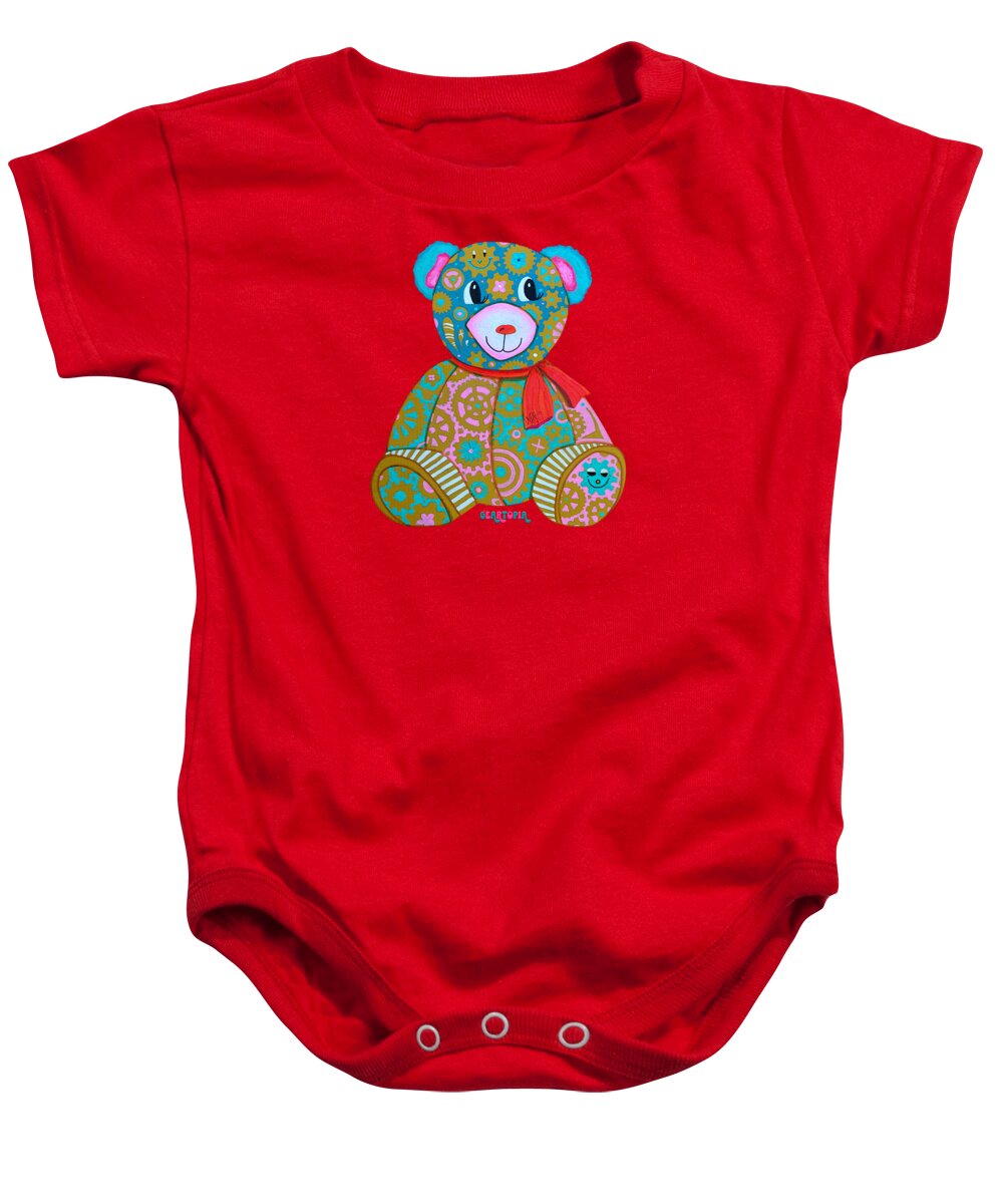 Geartopia GEAR BEAR Candy Original Handpainted PoP Art Teddy Bear Painting Kids Art by MeganAroon - Baby Onesie