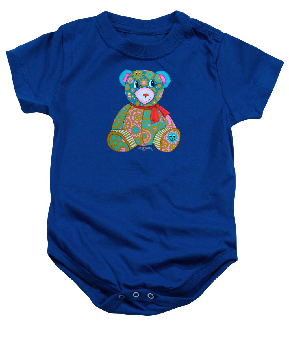 Geartopia GEAR BEAR Candy Original Handpainted PoP Art Teddy Bear Painting Kids Art by MeganAroon - Baby Onesie