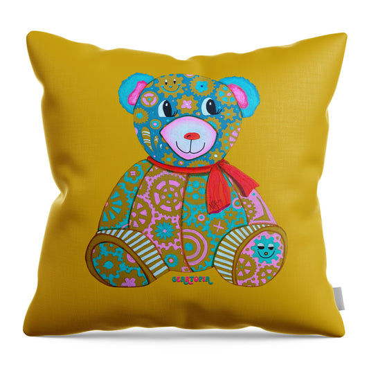 Geartopia GEAR BEAR Candy Original Handpainted PoP Art Teddy Bear Painting Kids Art by MeganAroon - Throw Pillow