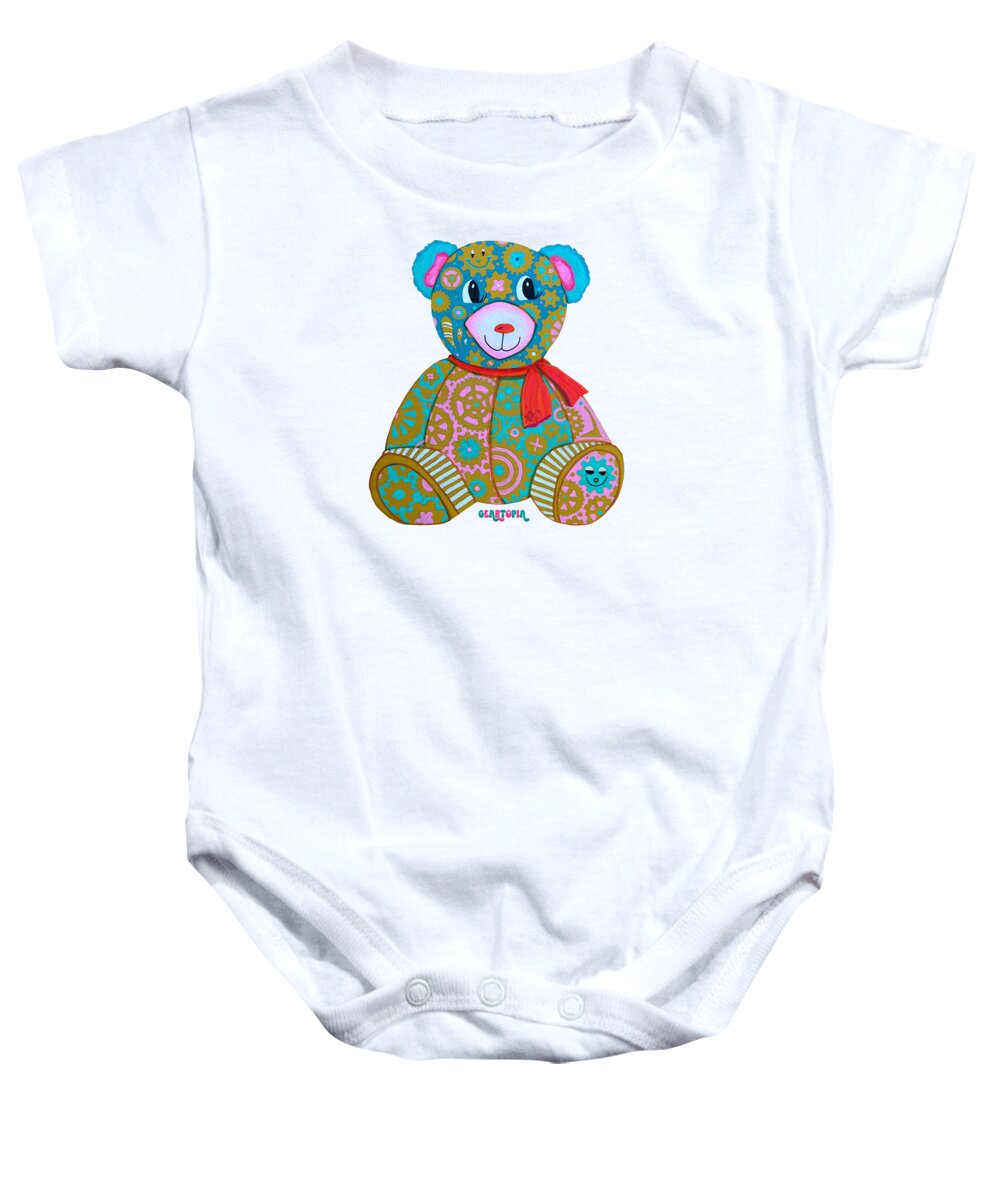 Geartopia GEAR BEAR Candy Original Handpainted PoP Art Teddy Bear Painting Kids Art by MeganAroon - Baby Onesie