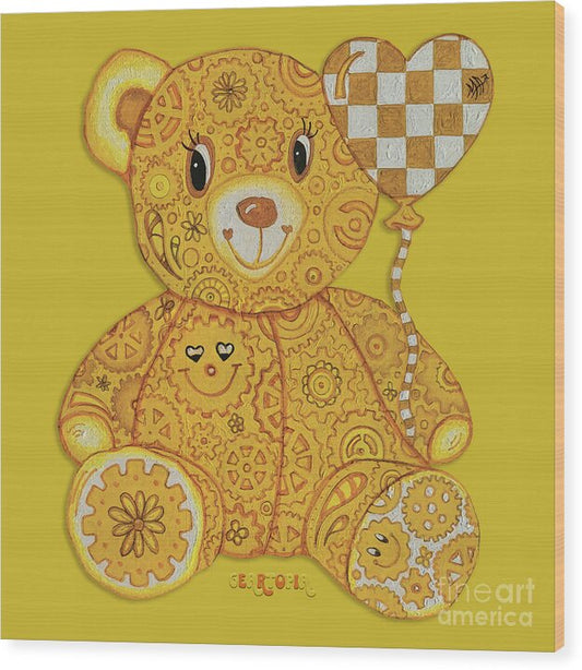 Geartopia Happy GEAR BEAR Nursery Art Teddy Bear Painting Art for Kids by MeganAroon - Wood Print