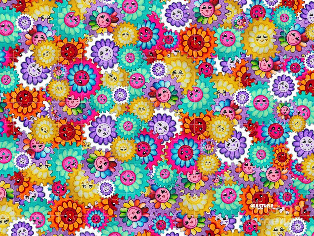 Geartopia Rainbow Smiley Face Flower Gear Whimsical Kawaii Geartopia Magic by MeganAroon - Puzzle