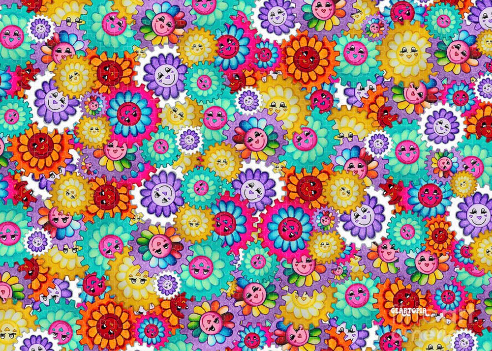 Geartopia Rainbow Smiley Face Flower Gear Whimsical Kawaii Geartopia Magic by MeganAroon - Puzzle