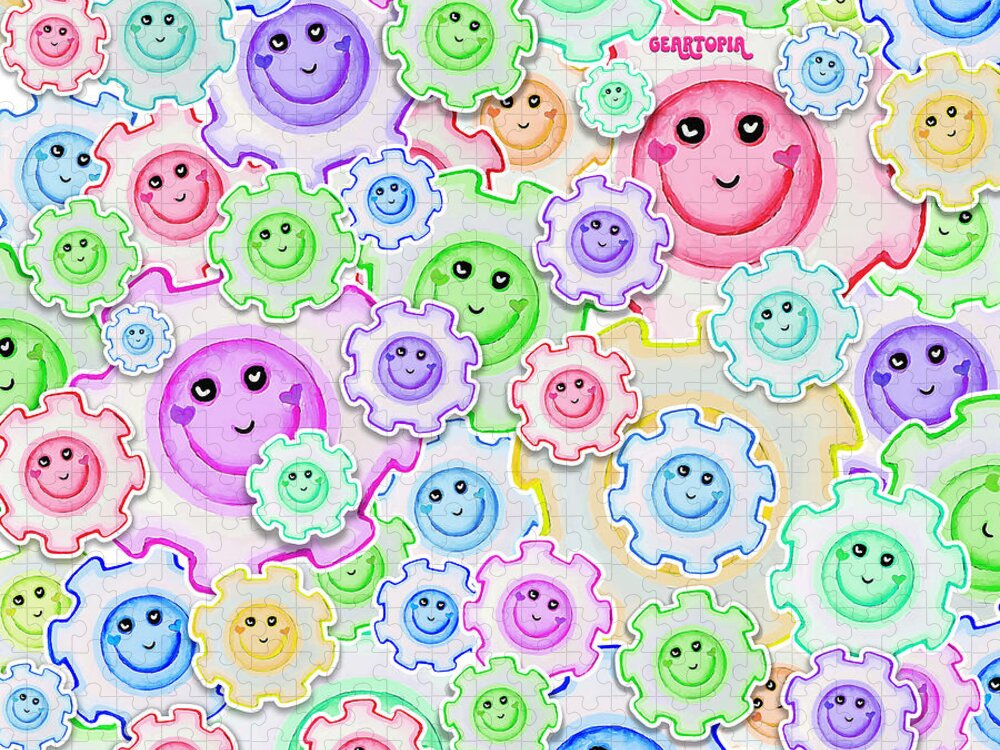 Smiley Face Geartopia Gear Pattern Colorful Pastel Gears II by MeganAroon - Puzzle