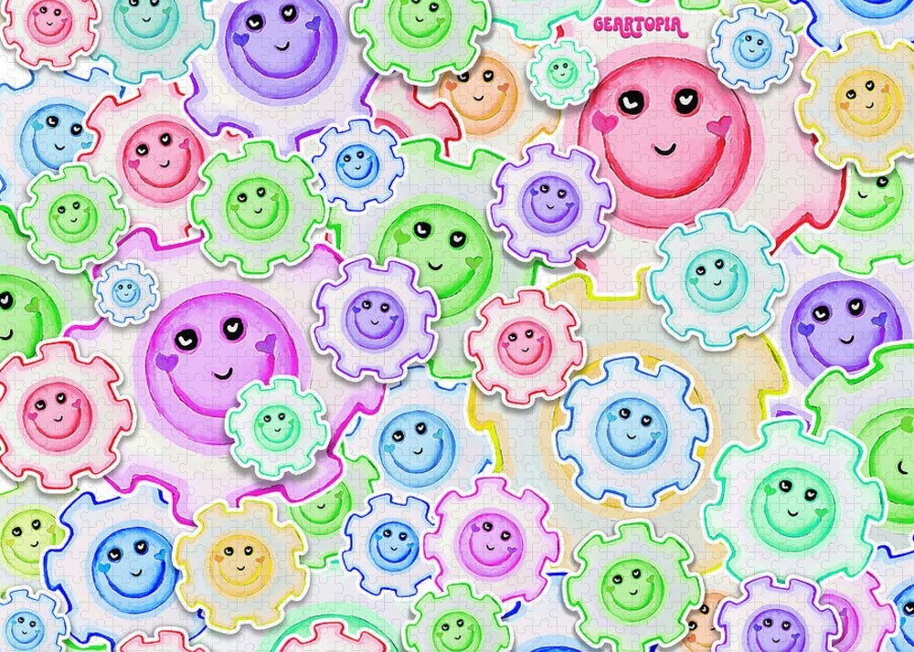 Smiley Face Geartopia Gear Pattern Colorful Pastel Gears II by MeganAroon - Puzzle