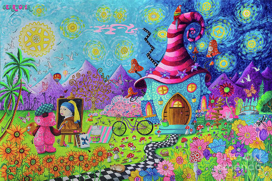 World Building ArtLandia in Geartopia with GEAR BEAR Artisia - A whimsical Painting of Creativity art print by Megan Aroon.&nbsp;&nbsp;&nbsp;Our art prints are produced on acid-free papers using archival inks to guarantee that they last a lifetime without fading or loss of color. All art prints include a 1" white border around the image to allow for future framing and matting, if desired.